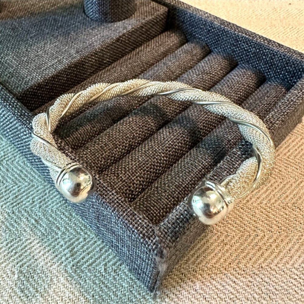 Silver-Tone Open Cuff Bracelet With Twisted Mesh Design & Polished End Caps